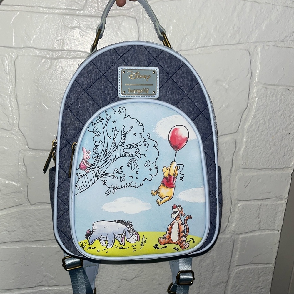 Loungefly Disney Winnie The Pooh Nwot Denim Backpack Vegan Leather - Picture 13 of 13